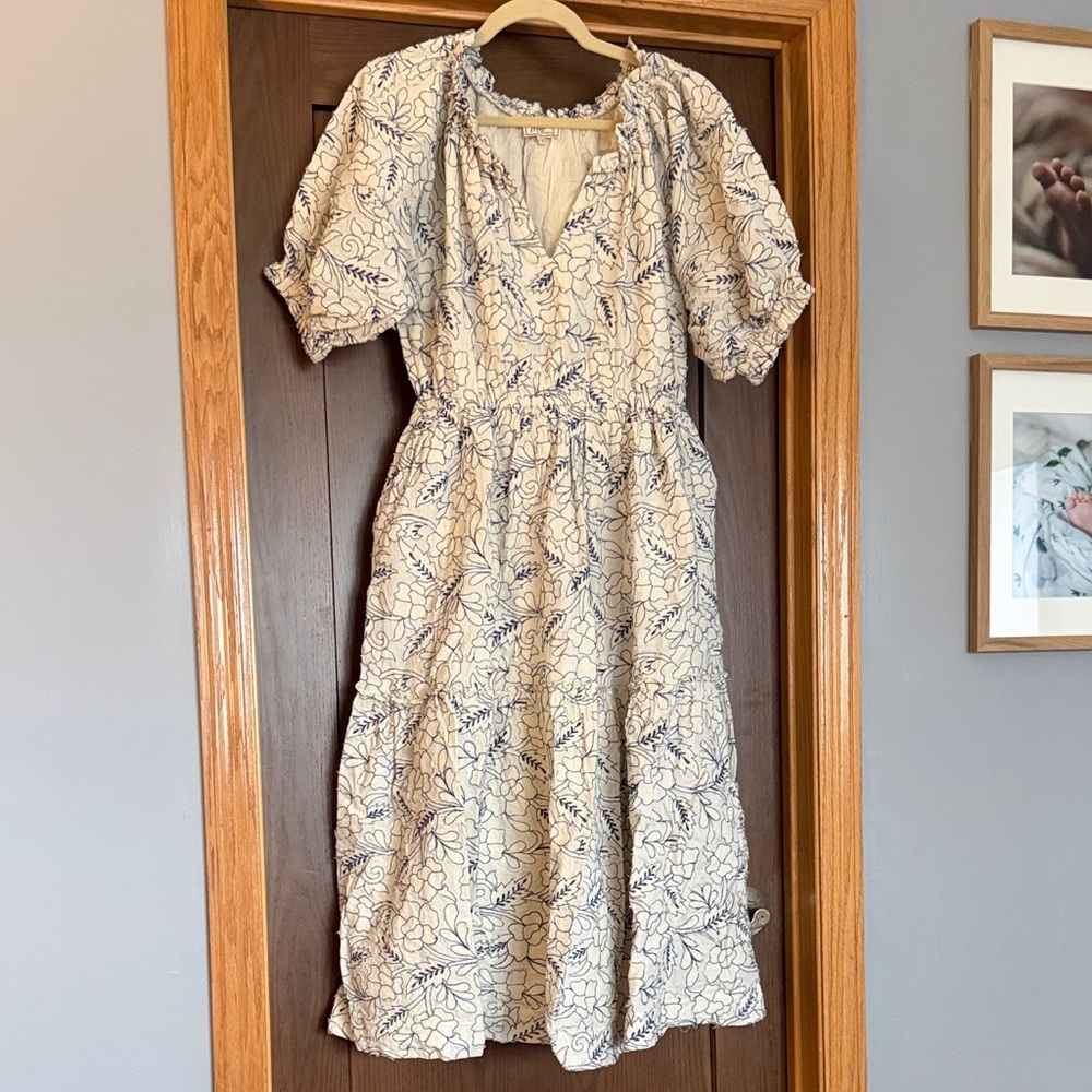 Cream Floral Puff-Sleeve Midi Dress with Navy Print
